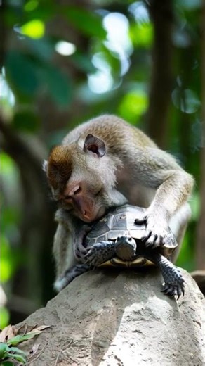 Monkey Helping Turtle Climb a Rock 🐒🐢 | Cute & Funny Animal Moment
