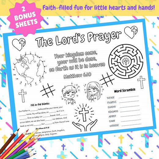Kids Christian Printable Activity Sheets, the Lord’s Prayer Coloring, Maze & Printable Games PDF - Etsy