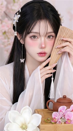 ​Make this photo,A young East Asian woman in ethereal white traditional-style clothing with sheer sleeves. ​Accessories: Her hair long straight is styled with pearl and floral pins.Very thin bangs.