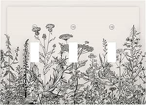 Decorative Light Switch Plate Covers Beige Sketch Wildflower Botanical Plants Novelty 3 Gang Wall Plate Switch Cover Plate Triple Toggle Jumbo Electrical Faceplate for Country Bedroom Decor
