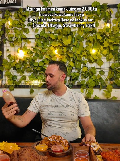 JUICES 1. Mango passion (Mango, Passion,Tangawizi) = 2,000 2. Mango carrot (Mango, Carrot , Vanilla) = 2,000 3. Mango Chichi (Mango,Parachichi, Vanilla) = 2,000 4. MelonBerry (Tikiti, Strawberry, Ndimu,Tangawizi) = 2,000 5. Rose (Rozela, Ukwaju, Strawberry, iriki) = 2,000 6. Muwa Passion (Muwa Passion Ndimu Tangawizi)= 2,000 OTHERS SODA = 1,000 WATER = 1,000