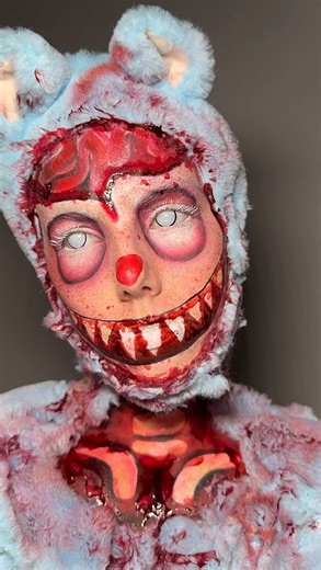 Leah Compton | Makeup Artist on Instagram: "Zombie Labubu Makeup Tutorial🧟‍♀️🧸 Only felt right to create a Halloween Labubu, this was a TRUST THE PROCESS situation 😳 *no labubus were harmed in the process🤭 only a fake one called ‘Lababy’😭 IB: @saritasangerart incredible artwork! Products used: @mehronmakeup @mehronuk @mehroneurope contest using their White facepaint @rimmellondon Butter Me Up gloss (as fake blood) @nyxcosmetics_uk @nyxcosmetics white eyeliner @yslbeauty translucent setting