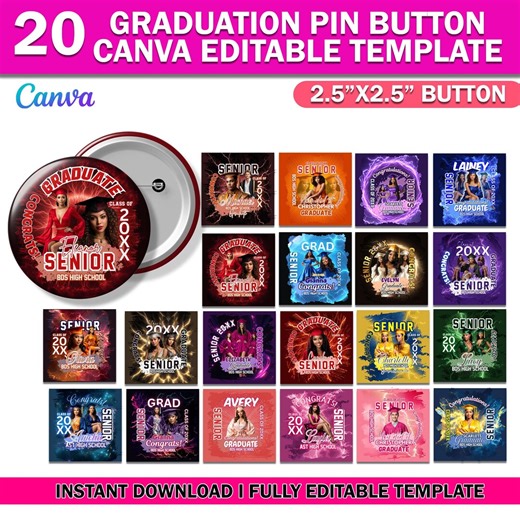 20x Graduation Pin Button Template Bundle, Congrats Class of 2026 Button Designs, High School & College Graduation Pins, Senior Photo Button - Etsy