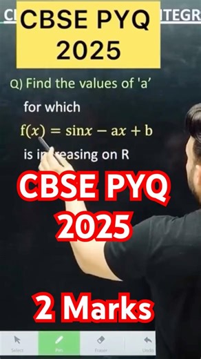 Q) Find the values of ‘a’ for which f(𝑥)=sin𝑥−a𝑥+b is increasing on R #cbse2026 #class12math