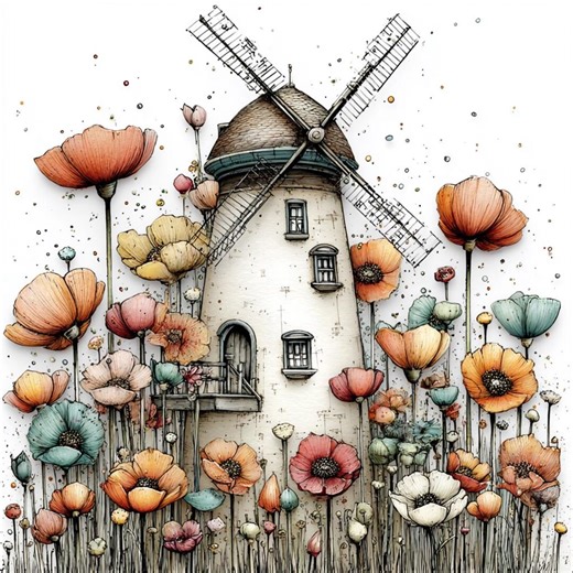 Whimsical Windmill CLIPART, Storybook Windmill Illustration, Pastel Flower Meadow Art, Ink and Watercolor Cottage Scene - Etsy