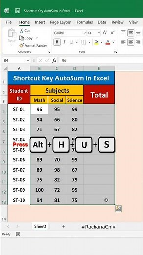 AutoSum with shortcut key || Excel Tips & Trick || #excel #shorts #shortcutkeys