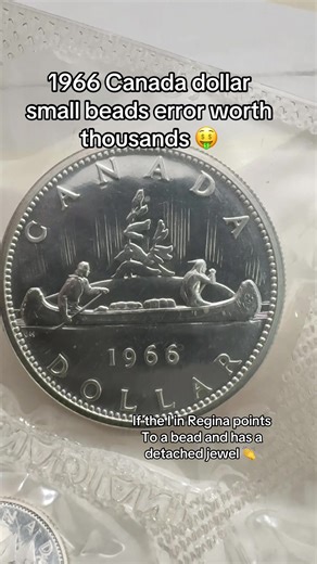 1966 Canada silver dollar with a small beads error on obverse ( heads side). How to tell if you have it just look at the I in Regina if it points to a bead it is small beads error another way to tell is if the last jewel in the crown appears detached. If you have this coin with the error congratulations it is an easy sell because it is very sought after by collectors. More on this coin later. #dollarcoin #silverdollars #errorcoins #canada🇨🇦 #silverstacker