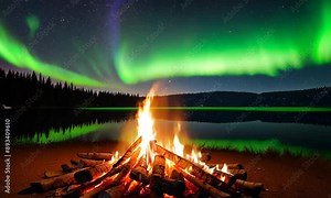 Animation of a bonfire and the northern lights over the lake. 4K hyperrealistic video