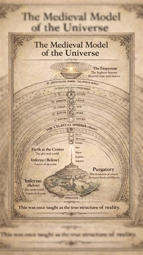 This diagram shows the medieval model of the universe. Earth was believed to rest at the center of a finite, ordered cosmos. Beneath it lay Inferno. Above it rose Purgatory. Surrounding the world were concentric celestial spheres carrying the Moon, planets, Sun, and fixed stars. Beyond them lay the Crystalline Sphere and the Empyrean — the highest heaven. This was not mythology. It was once taught as the true structure of reality. This diagram shows the medieval model of the universe. Earth was 
