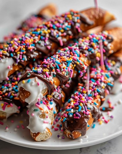 White Chocolate-Dipped Pretzel Rods with Halloween Sprinkles 📝 Ingredients: 15–20 pretzel rods 1 ½ cups white chocolate chips or melting wafers 1–2 tsp coconut oil or vegetable oil (optional, for smoother melting) Halloween sprinkles (black, orange, purple, neon green, candy eyes, etc.) Optional: black/orange candy melts for drizzling 🍫 Instructions: Prepare a Tray Line a baking sheet or tray with parchment paper. Melt the Chocolate Add white chocolate chips to a microwave-safe bowl. Melt in 2