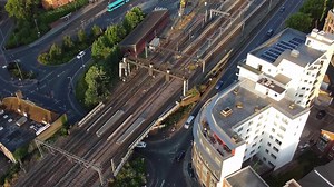 Luton City Centre and Local Buildings, High Angle Drone's View of Luton City Centre and Railway Station. Luton England Great Britain