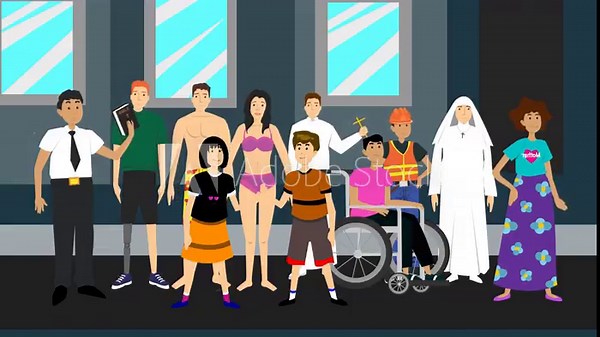 Animated vector video with a group of people in different styles and professions, 2D, art.