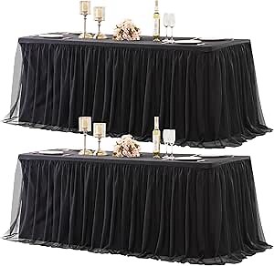 2 Pack Black Tulle Table Skirt Tablecloth for 6 Foot Rectangle Tables, Elegant Black Ruffled, 72" x 30", 2 in 1 Table Cover & Skirt, Easy Setup & Low Maintenance