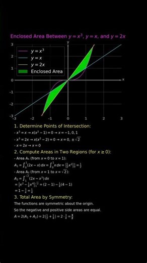 Step by Step Area Calculation Between y = x^3, y = x, and y = 2x with Animation