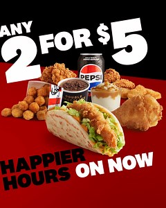 We're saying NO to Sad Snacks with our new Happier Hours menu. Choose from a range of delicious snacks and pick your fave 2 for only $5 between 2pm – 5pm only 襤 ​ Available on selected items only, from 2-5pm. Not everywhere and not forever. Pick up only. Available on selected items only, from 2-5pm. Not everywhere and not forever. Pick up only. | KFC | Facebook