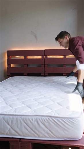 DIY Burgundy Pallet Bed With LED Lights