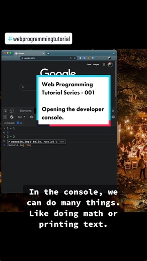 To start your programming journey, let’s first learn how to open up the developer console. This is your main tool while you learn Javascript. We’ll begin to use text editors once we arrive at the HTML and CSS topics, two of the other fundamental tools in web development. Our next topic will be Javascript variables. See you! Extrap tip: You can also open console by pressing F12 in your keyboard. #webprogramming #programming #software #softwareengineering #careerchoice #tutorials #programmingtutor