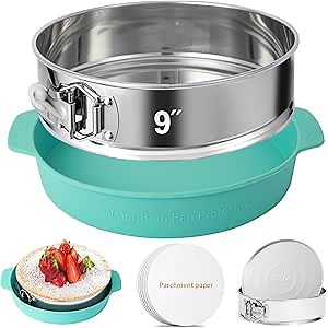 9 Inch Springform Pan - 304 Stainless Steel Nonstick Springform Cake Pan with Removable Bottom, 10 Inch Silicone Leakproof Cheesecake Pan Protector with Parchment Paper