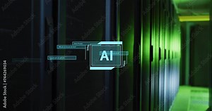 Animation of ai text on processing scanner with interface dialogue boxes over dark server room