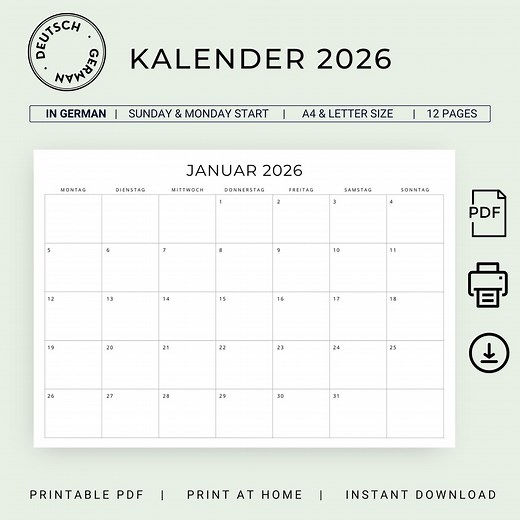 2026 Kalender 2026 Monatskalender 2026 Deutscher Kalender 2026 DRUCKBARE PDF Monatskalender auf Deutsch 2026 Monatsplaner Minimal Deutschland - Etsy.de