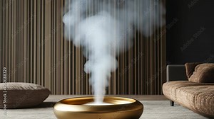 A gold humidifier sits on the floor of a modern living room, releasing a stream of vapor into the air