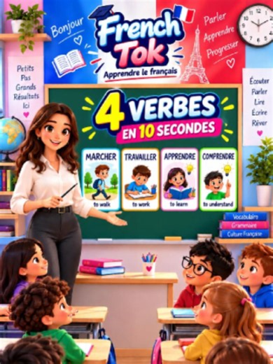 🎬 Titre TikTok 4 verbes français en 10 secondes 🇫🇷🔥 📝 Description Tu veux améliorer ton français rapidement ? 🇫🇷 Aujourd’hui, apprends 4 verbes essentiels : 🚶 Marcher 💼 Travailler 📚 Apprendre 💡 Comprendre Regarde la vidéo, répète les mots à voix haute et apprends un peu de français chaque jour ! ❤️ #FrenchTok #ApprendreLeFrancais #FrancaisFacile #VocabulaireFrancais #LearnFrench