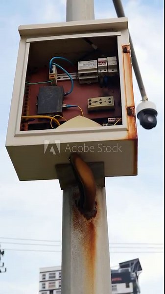 Low angle view of an open and rusty outdoor electrical junction box containing network equipment and wiring for a CCTV security camera.