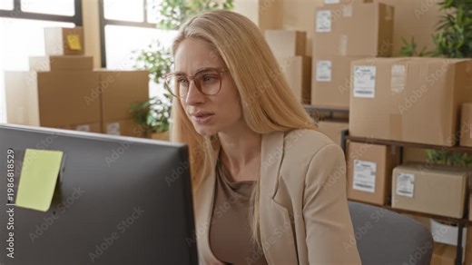 Woman typing with fingers on keyboard at a desktop computer amid stacked cardboard parcels and shipping labels in office building; order fulfillment focused.