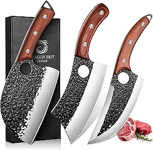 DRAGON RIOT Professional Butcher Knife Set for Meat Processing, 3Pcs High Carbon Steel Hand Forged Serbian Cleaver Chef Knife Set with Ergonomic Handles for Kitchen Outdoor Cooking