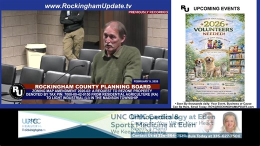 � This Daily Broadcast is made possible thanks to the support of UNC Health Rockingham in Eden, NC. To learn more about the programs and services offered by UNC Health Rockingham, visit www.uncrockingham.org Thanks for tuning in to today’s Daily Broadcast! We appreciate your continued support of Rockingham Update. � If this info helps, give us a quick like — it tells Facebook to show this to more neighbors! � Watch our programming 24/7 at www.RockinghamUpdate.tv – always local, always on. � Drop