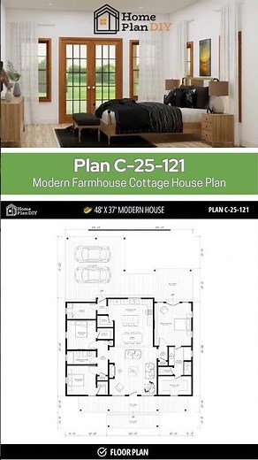 48x37 Modern Farmhouse Plan | 1,800 sq. ft. | 3 Bed, 2 Bath #blueprint #construction #12blueprints