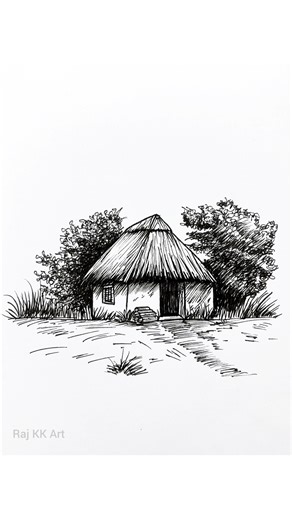 How to draw a mud hut with trees and land using micron pen for beginners #easydrawing #art #drawing #pencilsketch #pencilart | Raj KK Art