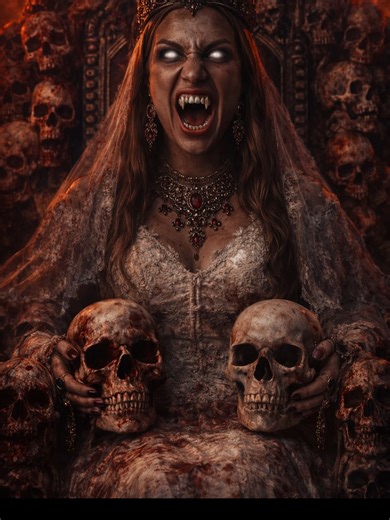 Si usas el prompt muestra tu resultados en los comentarios no te cuesta nada. Crea un retrato cinematográfico, detalle extremo, fantasía de terror. Una aterradora Novia o Reina Vampiro no muerta, majestuosa e imponente. Está sentada en un elaborado trono construido íntegramente con cráneos humanos ensangrentados, que sirven de reposabrazos y respaldo. Luce una intrincada corona oscura y pesadas joyas antiguas. En sus manos, sostiene dos cráneos nuevos adicionales. Su expresión es de pura maldad: