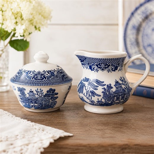 Vintage Churchill Blue Willow Sugar Bowl and Creamer Set, Staffordshire England Blue and White Transferware, English Tableware Pair - Etsy