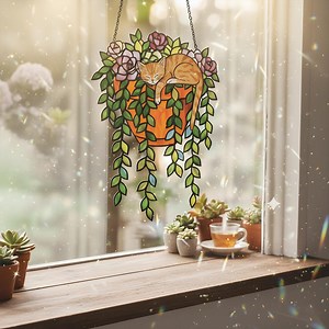 Sleeping Cat Stained Glass Suncatcher, Cat in Plant Hanging Window Decor, Handmade Glass Art, Cat Lover Gift, Cozy Home Decor - Etsy