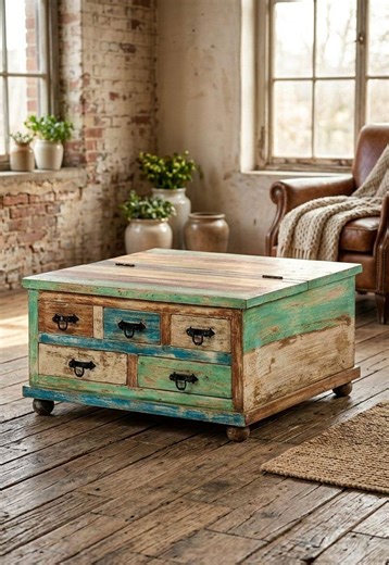 Solid Wood Storage Chest Coffee Table | Distressed Green Farmhouse Trunk, Vintage Style. - Etsy
