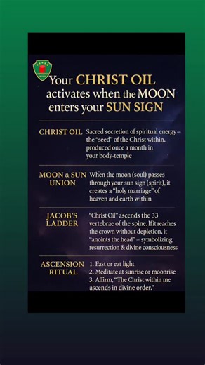 🌙✨ THE MYSTERY OF THE CHRIST OIL In esoteric and Moorish metaphysics, the “Christ Oil” (also called Chrism, Kundalini essence, or Sacral Fire) is a divine secretion of spiritual energy produced within your body-temple — your living Holy Kaaba. It’s the sacred fluid that ascends the spinal column (Jacob’s Ladder) to reach the Cerebrum, the “Most High” place in the brain — where your Crown Chakra (Christ Consciousness) resides. This “oil” is born once every lunar month — when the Moon, which gove