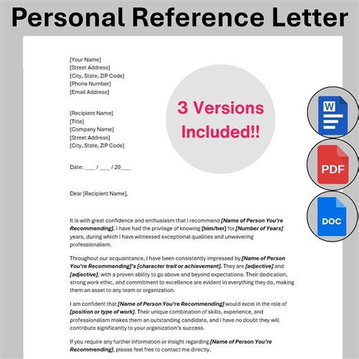 Personal Reference Letter Template, Printable Letter of Character Recommendation, Professional Testimonial College Request Job Referral - Etsy