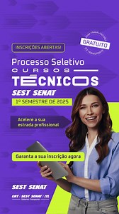 📢 INSCRIÇÕES ABERTAS! Participe do Processo Seletivo para os Cursos Técnicos SEST SENAT! ✅ 3 cursos técnicos gratuitos para profissionais do setor de transporte. ✅ Semipresenciais (80% EaD e 20% presencial). 📍 Vagas distribuídas em 7 polos pelo Brasil. ⏳ Inscrições até 09/01/2025! As vagas são limitadas e para ingresso no primeiro semestre de 2025. 🔗 Acesse o link e inscreva-se agora. Não deixe para a última hora: https://bit.ly/f-lancamento-seletivo-20251 | SEST SENAT