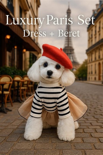Luxury Dog Dress With Red Beret – Parisian Style Bear Print Outfit for Small Dogs | Yorkie, Poodle, Chihuahua Pet Clothes - Etsy