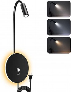 ERAY Wall Mounted Reading Light, Book Light for Reading with 3 Dimmable Color Temperatures, Flexible Gooceneck, Eye Caring, Plug in Bedside Lamp for Bedroom, 360° Rotation Headboard Light