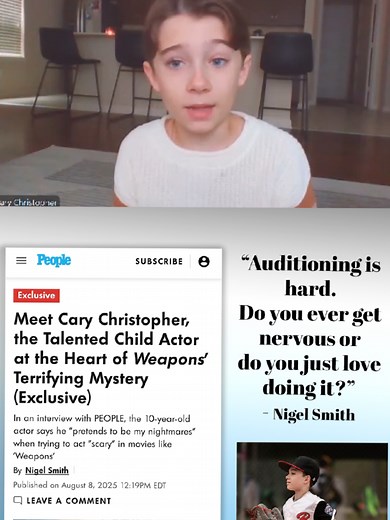 Check out my interview with People Magazine! I talk about being in the horror film Weapons (in theaters now!) and Little League and what's going on in my life. Thank you, Nigel! article: https://people.com/weapons-child-actor-cary-christopher-interview-exclusive-11787494 #carychristopher #weaponsmovie #alexlilly #actor #childactor
