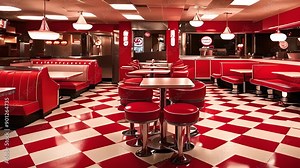 Classic diner booths and neon signs in retro fast food restaurant