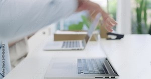 Angry businessman, hands and typing on laptop in debt, loss or failure on office desk. Closeup of man hitting computer in anger management, mistake or destruction of equipment on table at workplace