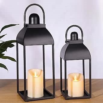 Lanterns Decorative Outdoor Indoor, Black Metal Outdoor Lanterns, 17'' 13'' Set of 2 Modern Farmhouse Candle Lantern Christmas Lanterns Centerpieces for Home, Wedding, Patio, Porch, Mantel