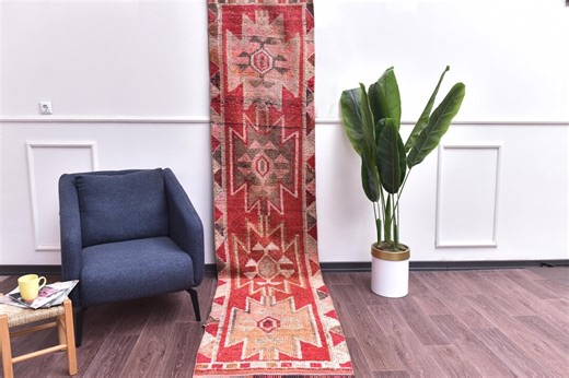 2x10 Hand Woven Vintage Runner Rug, Red Orange Color, Geometric Pattern, Hallway Rug - Etsy