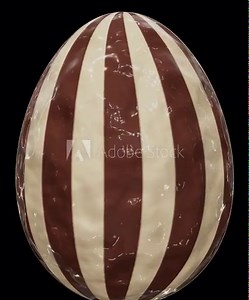 Vertical video. Realistic looping 3D animation of the spinning milk chocolate and white chocolate striped egg demonstration rendered in UHD as PNG with alpha channel.