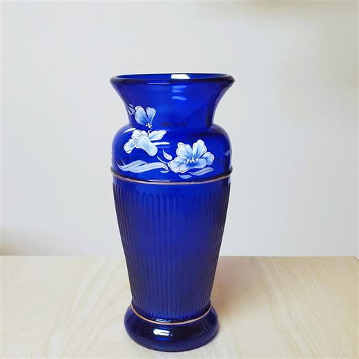 Fenton Cobalt Blue Vase, Large Glass Floral Landmark Collection Adams Rib VINTAGE Vtg Signed by Frank M Fenton 9 1/4" Tall - Etsy