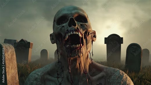 Emerging from the grave, a decaying zombie with blood dripping from its mouth screams in a foggy cemetery, surrounded by tombstones as the sun sets, casting eerie shadows