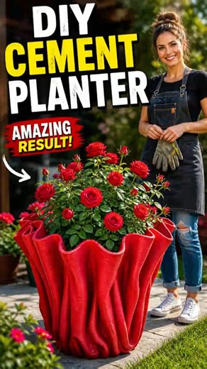 DIY Cement Planter with Cloth | Stunning Red Rose Pot Makeover 🌹